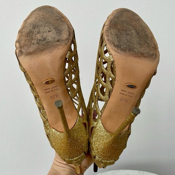 SERGIO ROSSI METALLIC GOLD LEATHER SCALLOP PEEP TOE CAGED BOOTIES 37.5 - Picture 5 of 5